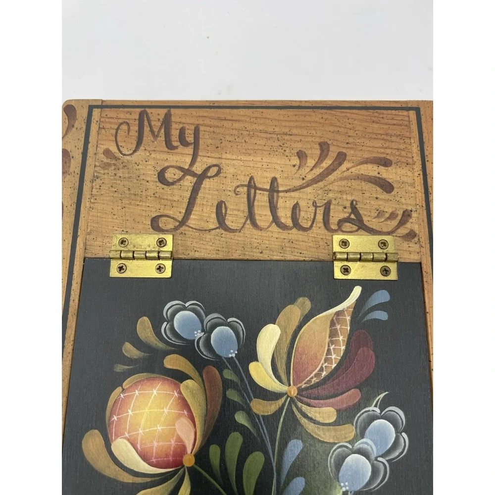 Hand Made Hand Painted  Floral Tole Folk Art Wooden Letter Box‎ Artist Signed
